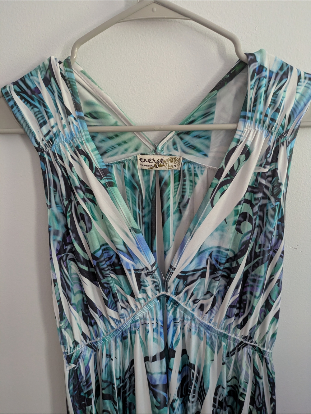 Y2K Sleeveless Maxi Dress Teal Purple Burnout V-Neck Size Small Vintage Retro